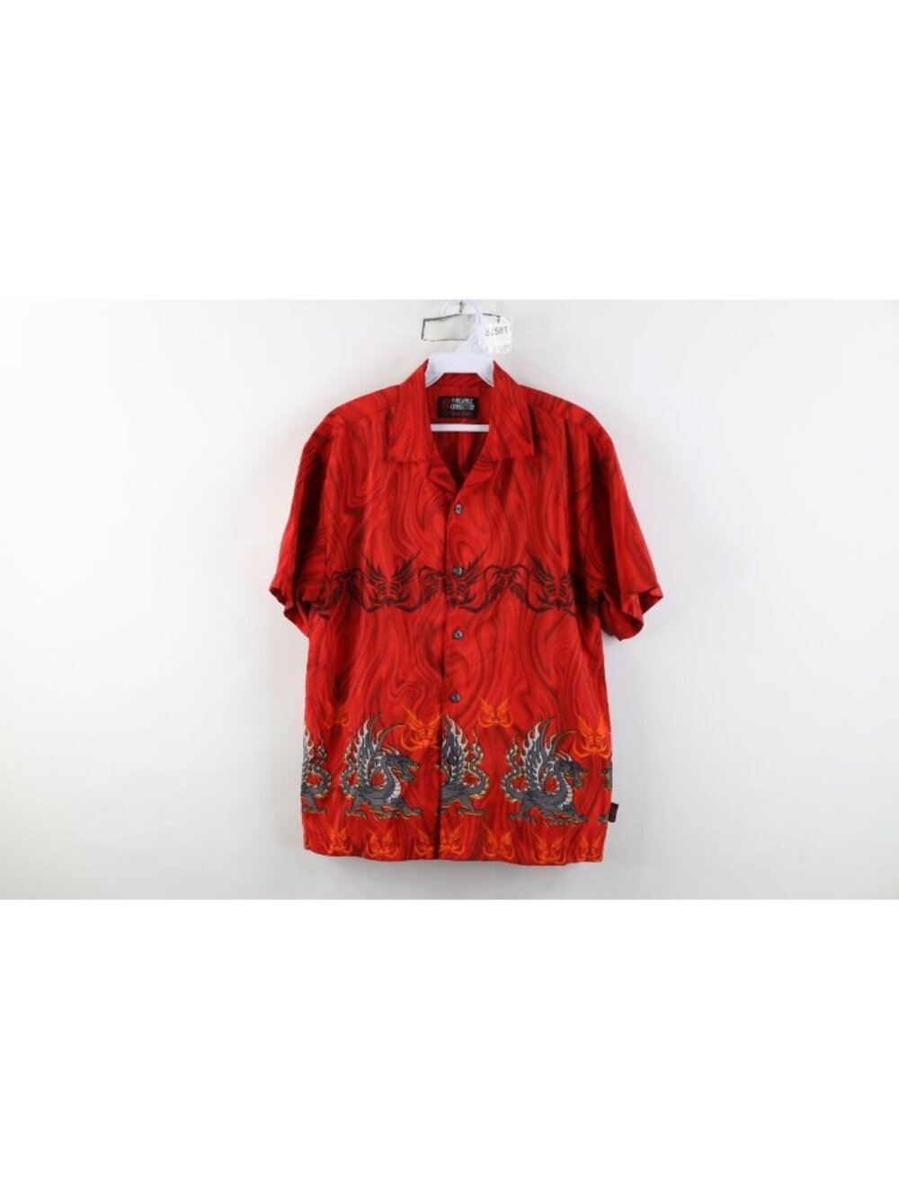 Vtg 90s Streetwear Mens Small Dragon Tribal Fire Flames Collared Button Shirt